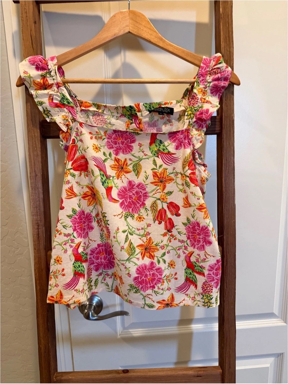 Rachel Zoe Floral Bird Print Blouse Linen Blend Size Small